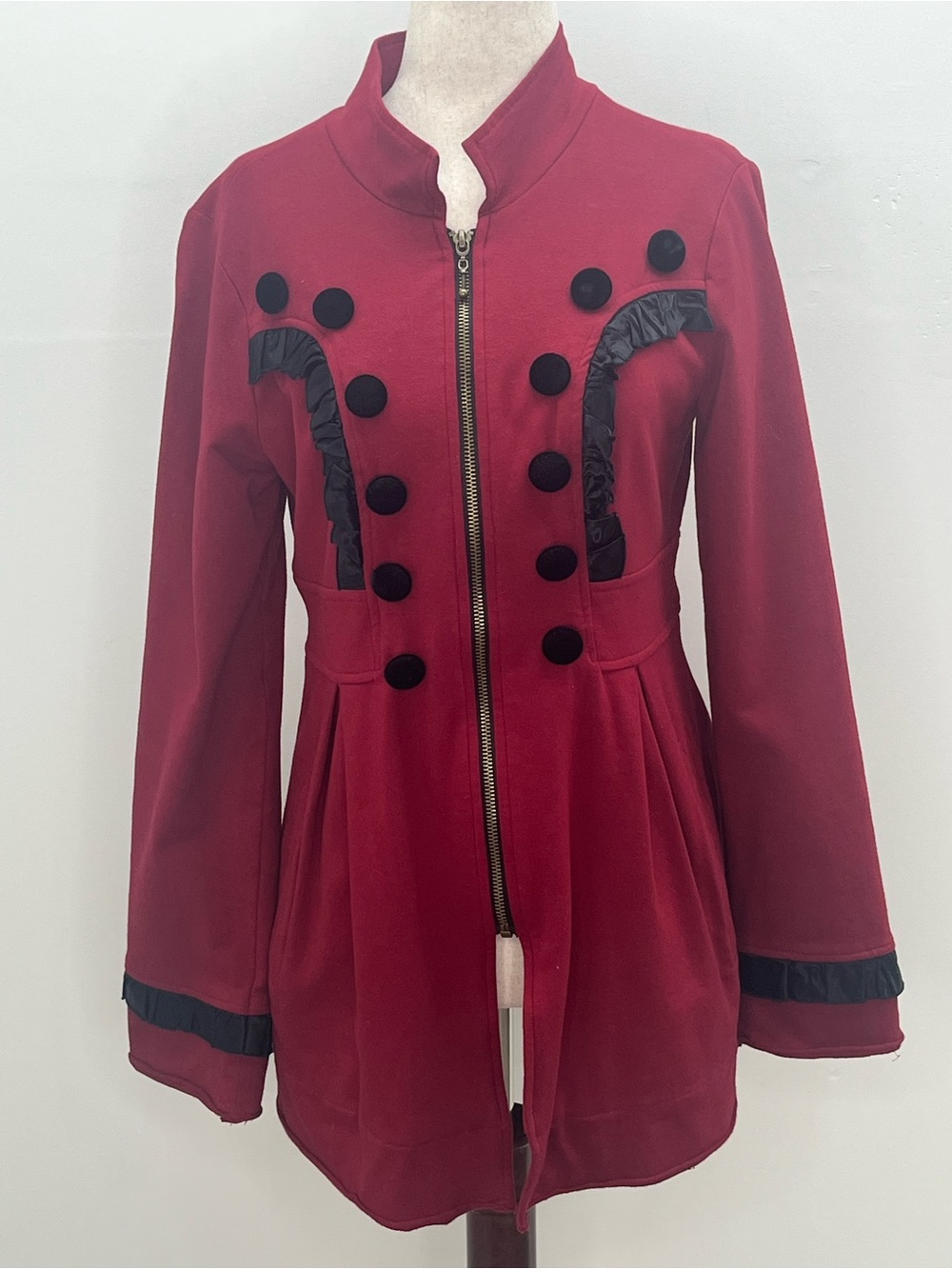Ivy Jane Red Ruffle Velvet Buttons Y2K Boho Peplum Cotton Coat Jacket Small